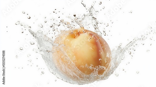 A peach splashing into water, creating dynamic droplets and ripples.