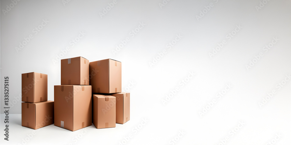Obraz premium Conjunto de caixas de papelão para a mudança. Pilhas de caixas fechadas para transporte de objetos em fundo branco amplo