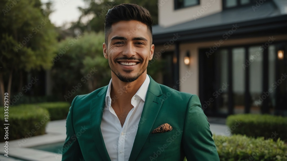 Good-looking hispanic guy front of green themed elegant house on a business attire smiling Good-looking hispanic guy front of green themed elegant house on a business attire smiling