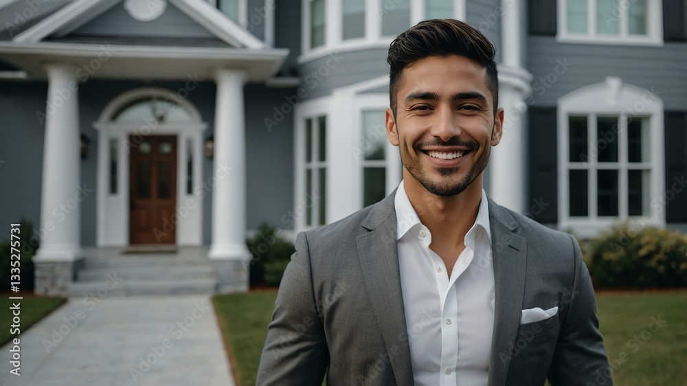 Good-looking hispanic guy front of gray themed elegant house on a business attire smiling Good-looking hispanic guy front of gray themed elegant house on a business attire smiling