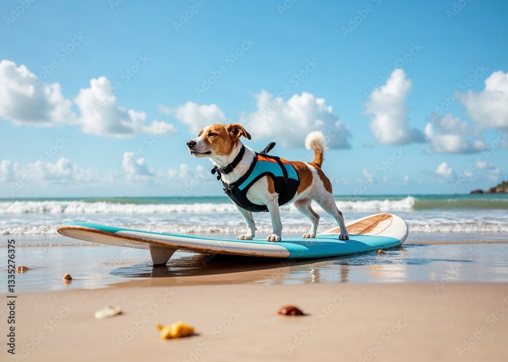 A surfboard with a dog wearing a life vest on the beach