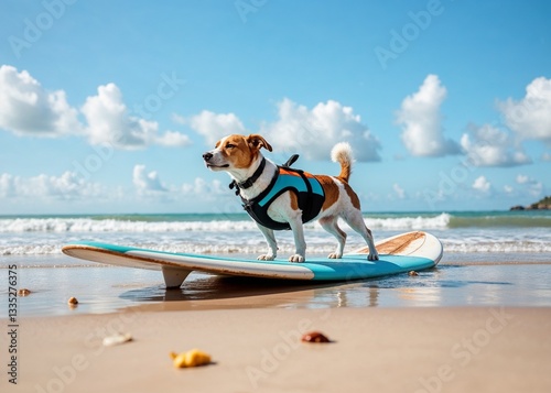 Obraz na płótnie A surfboard with a dog wearing a life vest on the beach w salonie