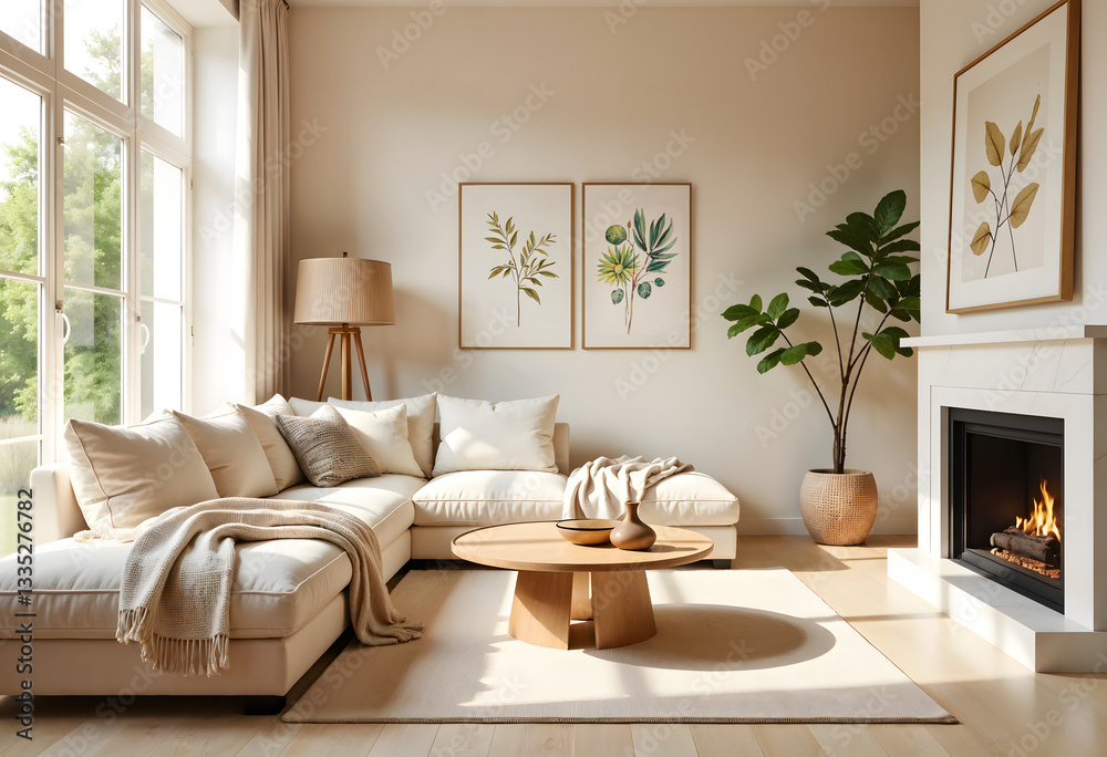 Fototapeta premium A cozy modern living room with a warm beige color palette