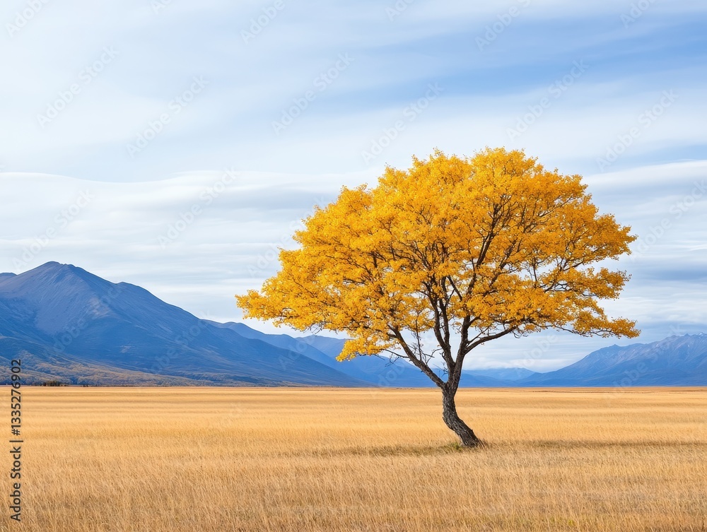 Obraz premium Vibrant yellow tree stands alone in a vast golden field under a blue sky