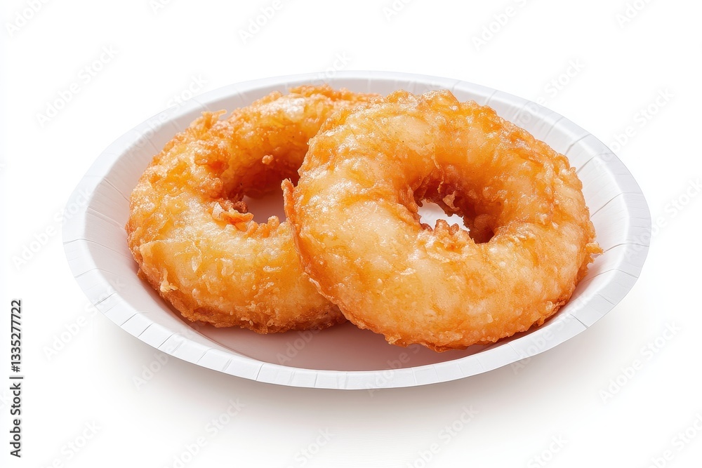 Isolated deep fried shrimp donut on a paper plate against a white background with a clipping path Isolated deep fried shrimp donut on a paper plate against a white background with a clipping path