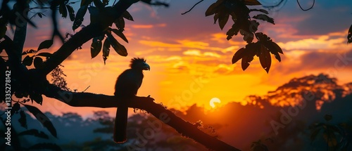 Sulawesi Bear Cuscus silhouetted against the setting sun using silhouette photography in a tropical forest canopy with vibrant sky colors and tree silhouettes photo