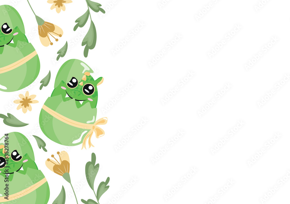 Fototapeta premium poster with icon of green dragon sitting in green egg with bow and yellow flowers, design for Easter decorations