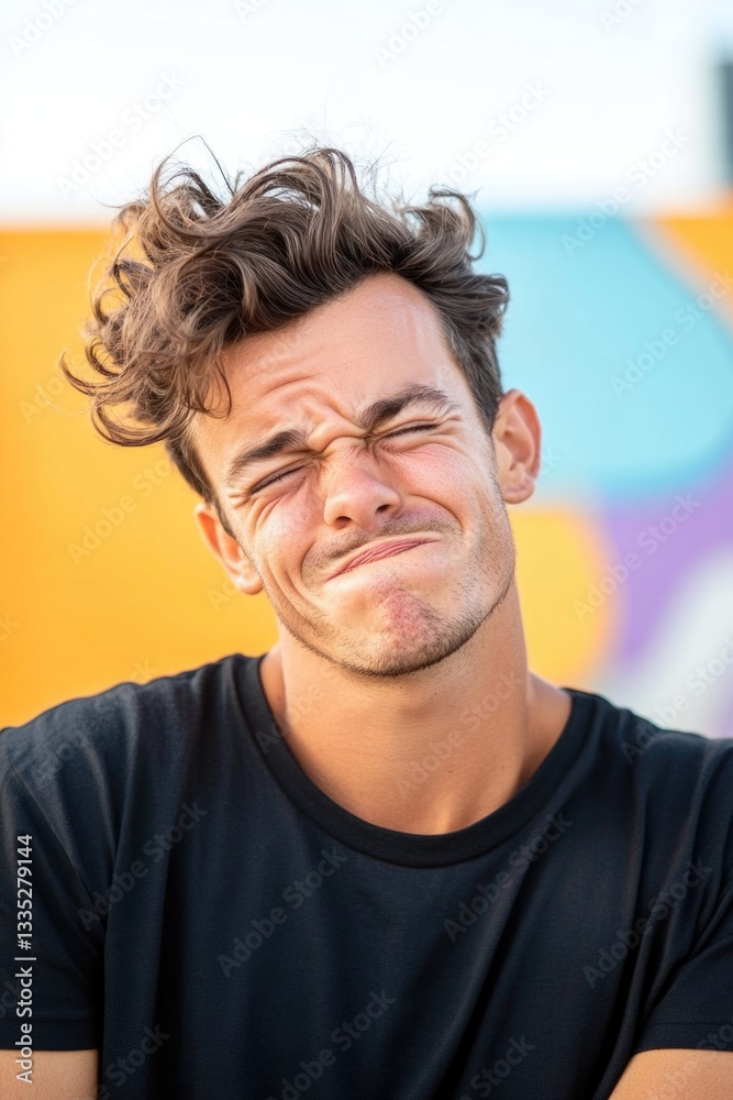 Fototapeta premium Young caucasian male with curly hair and playful expression in vibrant setting
