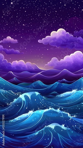 A starry sky over dark blue ocean waves with glowing accents. The purple clouds and sparkling stars create a dreamy, mystical scene
