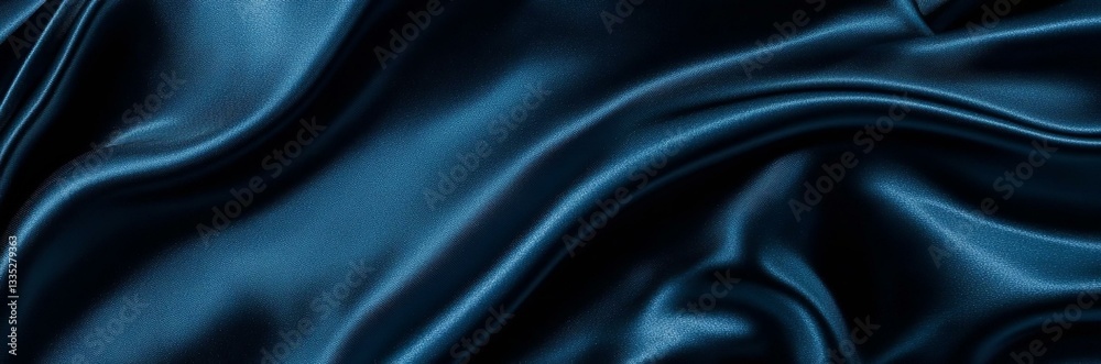 Fototapeta premium Dark greenish blue silk satin. Smooth silky shiny fabric. Luxury background for design. Christmas New Year festive party. Web banner. Wide. Long.
