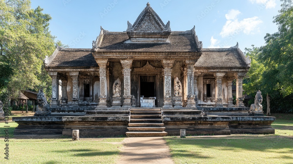 Ancient Temple Surrounded by Lush Greenery with Intricate Stone Carvings and Dramatic Sky Ancient Temple Surrounded by Lush Greenery with Intricate Stone Carvings and Dramatic Sky