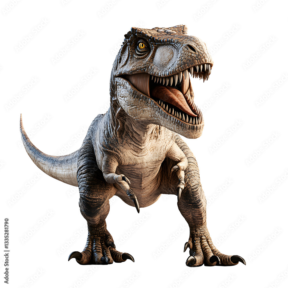 Fototapeta premium Realistic T-Rex illustration with open mouth, dinosaur teeth, clawed toes, and scaly skin in dynamic pose