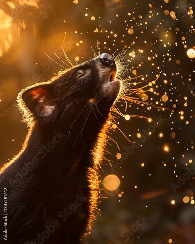 Tasmanian Devil captured mid sneeze eye squeezed shut fine mist of droplet spray into air golden morning light catch suspended particle highlighting fleeting nature of moment Shot 14000s sharp clarity