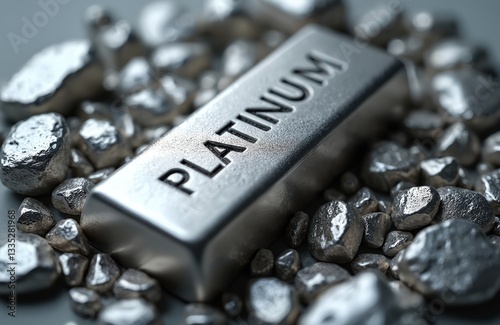 Macro photo of platinum bar ingot on metal crystals. Shiny surface reflects light, accentuates metal purity. Use as wealth, finance, investment showcase. Excellent close-up for trade, industry use.