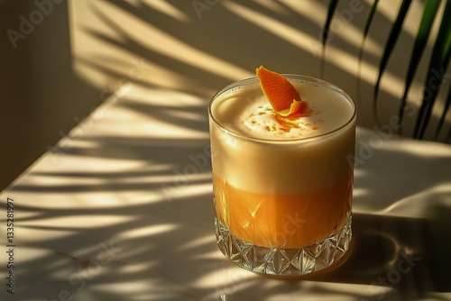 Refreshing Cocktail With Creamy Foam and Citrus Garnish on a Marble Table Wit...