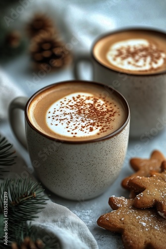 Warm Coffee With Gingerbread Cookies and Pinecones in a Cozy Winter Setting