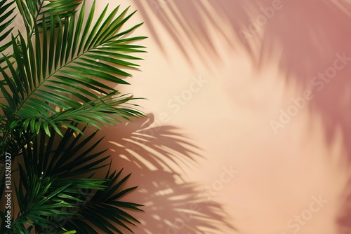 Shadows of Vibrant Green Leaves Against a Soft Pink Wall Create a Tranquil At...