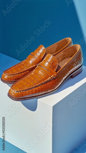 Stylish Brown Loafers Showcased Against a Modern Blue Backdrop