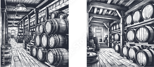 A Set of Wood Barrels Resting in a Cellar Storeroom, Capturing the Rustic Charm and Timeless Craftsmanship of Traditional Wine Storage linocut
