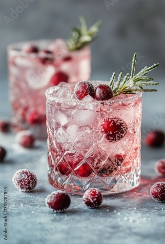 Refreshing Cranberry Cocktails With Ice and Garnishes on a Textured Background