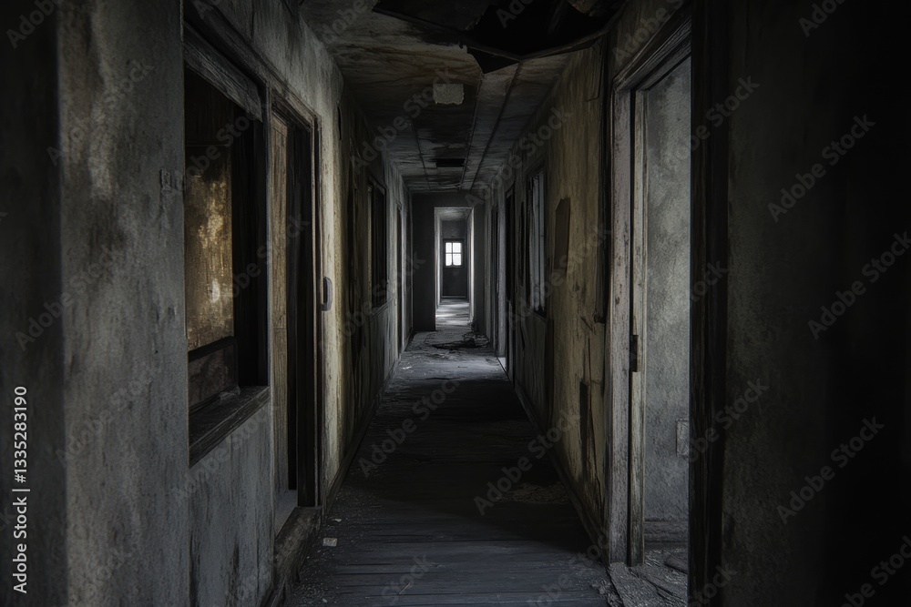 Eerie Abandoned Corridor with Dim Light at the End Haunting Atmosphere for Horror Mystery an Eerie Abandoned Corridor with Dim Light at the End Haunting Atmosphere for Horror Mystery an