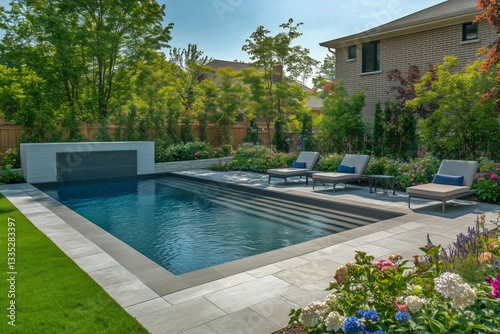 Elegant Garden Pool With Relaxing Loungers in a Serene Outdoor Setting During...