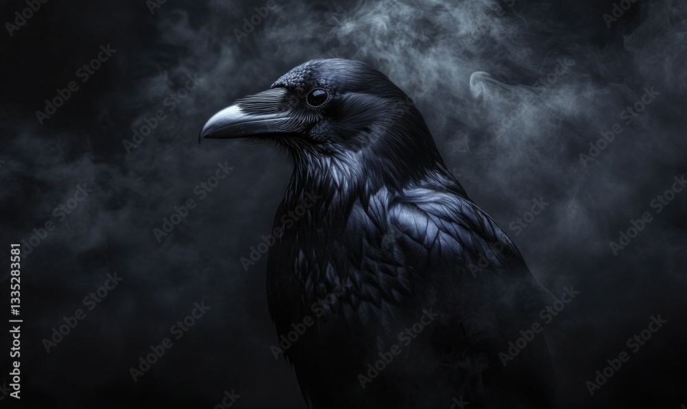Fototapeta premium A black crow is standing in front of a dark background with smoke in the air