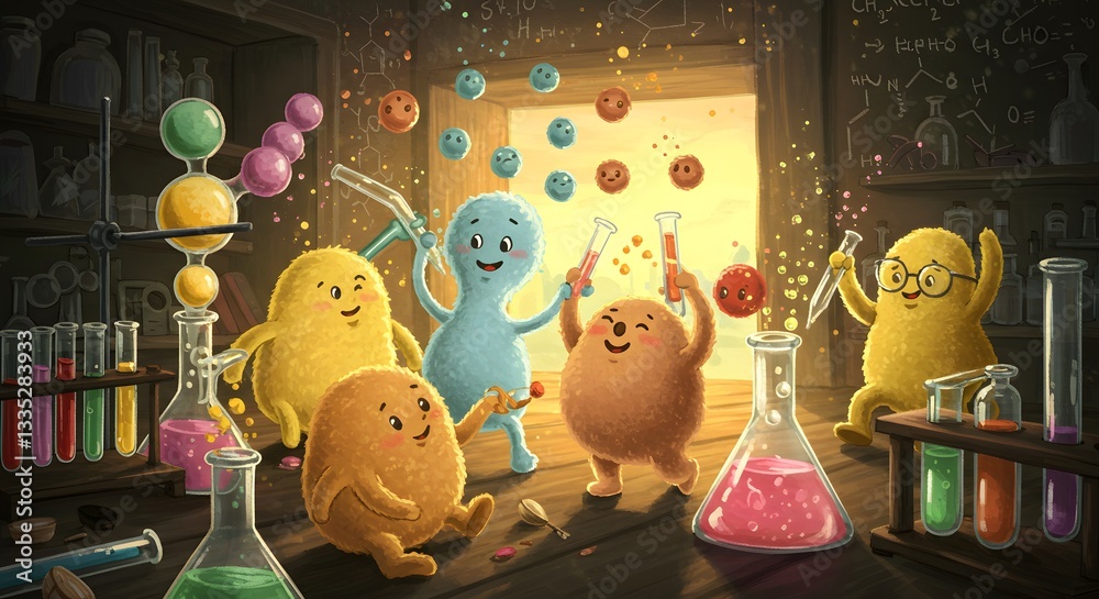 Obraz premium Cartoon Characters Doing Science Experiments in a Playful Laboratory Setting