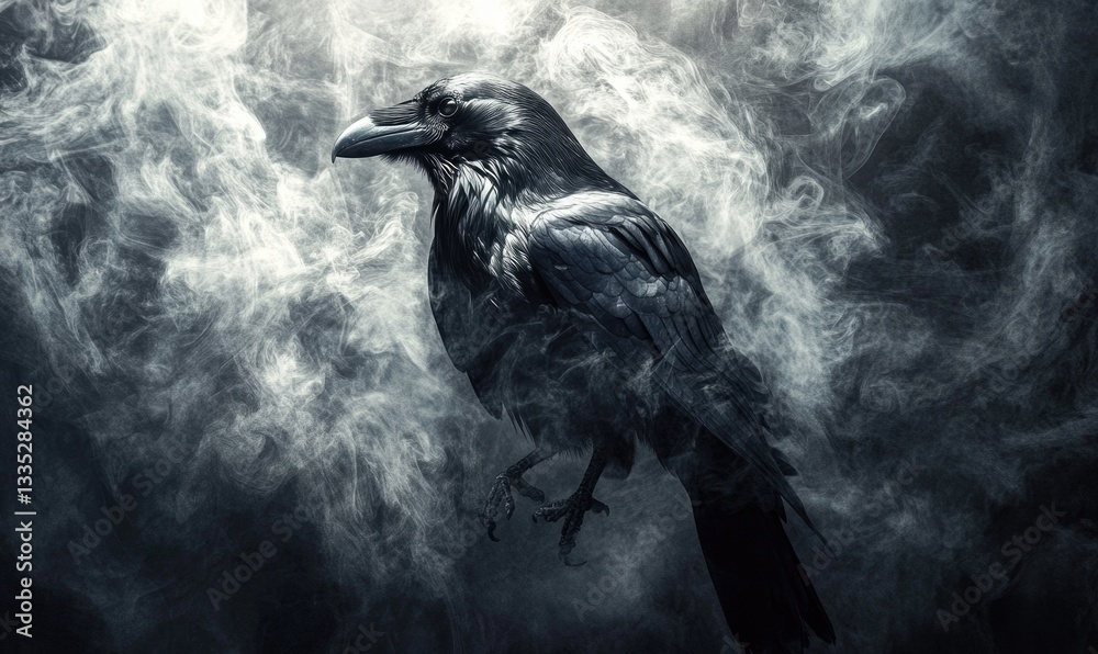 Fototapeta premium A black crow is standing in front of a cloud of smoke
