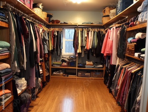 A large walk in closet filled with clothing organized for storage