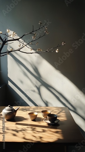 Serene Afternoon Tea Setup Under Gentle Sunlight With Blossoming Branch