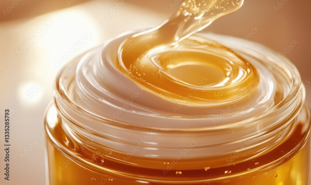 A jar of cream with a swirl of honey on top A jar of cream with a swirl of honey on top