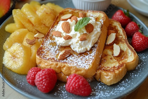 Delicious Breakfast Platter Featuring French Toast With Fruit and Whipped Cream