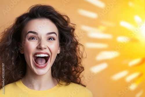 Young caucasian female expressing joy with bright smile against vibrant sunshine background