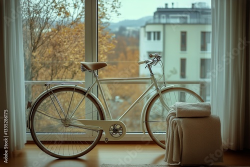 Bicycle With Blanket and Flowers Near Window in Cozy Indoor Space