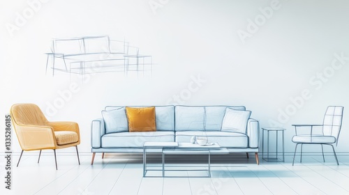 A white wall with furniture sketches drawn in light blue lines, including a modern sofa, armchair, and a coffee table
