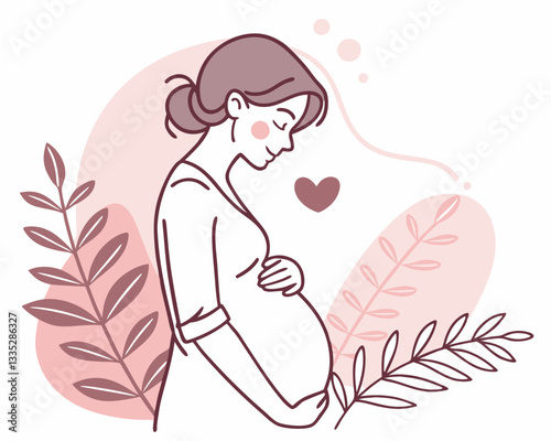 Pregnant Woman Holding Her Belly. Vector illustration of a pregnant woman gently holding her belly in a soft minimalist style with floral elements and heart symbol. Concept of motherhood.