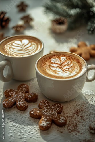 Warm Latte With Heart Design and Gingerbread Cookies for a Cozy Winter Afternoon