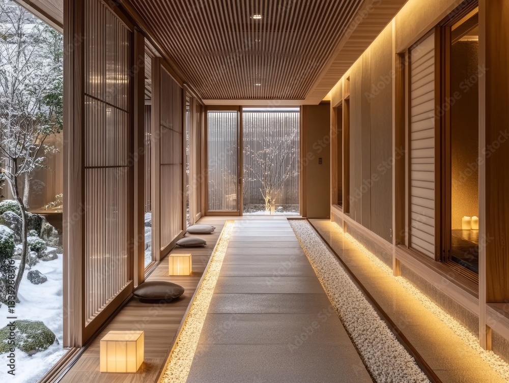 An inviting interior corridor overlooks a tranquil snow covered landscape An inviting interior corridor overlooks a tranquil snow covered landscape