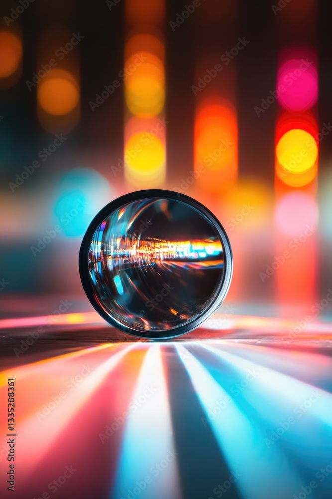 Multicolored light reflections through glass lens on vibrant background Multicolored light reflections through glass lens on vibrant background