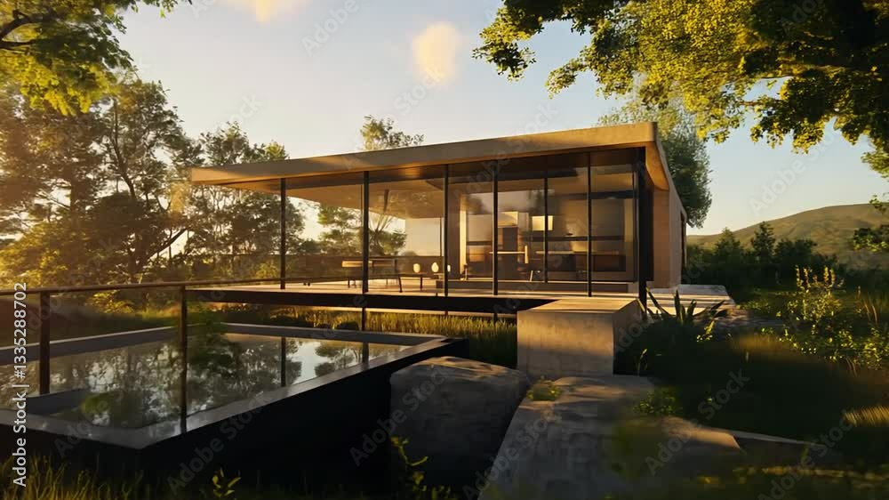 Modern glass house nestled in nature with serene pool reflecting the sky at sunset