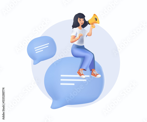 Communication or PR 3D illustration, public relations manager, announce sales or promotion concept. Businesswoman