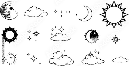 Celestial engraving icon set. Vintage monochrome vector illustrations of sun moon and stars.