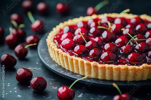 Delicious Cherry Tart Placed on a Black Slate With Fresh Cherries Around It