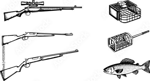 Engraved hunting and fishing icon set. Monochrome vintage vector illustrations of rifles and traps.