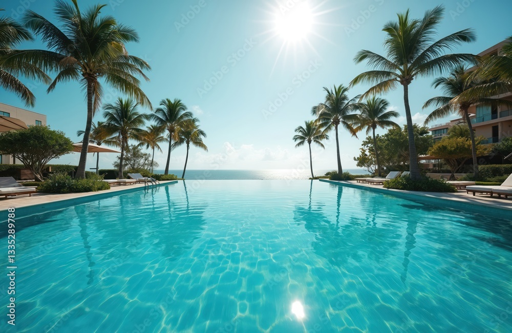 Turquoise infinity pool overlooks ocean. Palm trees line pool edge near resort buildings. Sunny sky. Tropical paradise for travel vacation. Relaxing summer holiday, island getaway at sea resort.