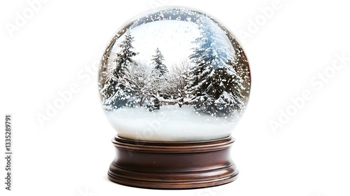 A snow globe featuring a winter scene with trees and falling snowflakes.