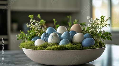 Beautifully Arranged Pastel Easter Eggs With Greenery in a Decorative Bowl on...