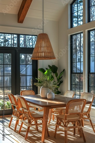 Modern Dining Room With Natural Light and Stylish Furniture Near Snowy Landscape