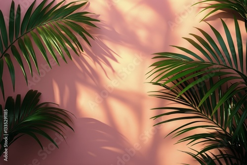 Shadows of Vibrant Green Leaves Against a Soft Pink Wall Create a Tranquil At...